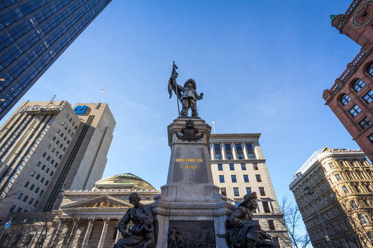 MONTREAL, CANADA - NOVEMBER 4, 2018: Maisonneuve monument on place d'Armes square during a sunny afternoon in Old Montreal. It is a monument dedicated to De Maisonneuve, the founder of Montreal