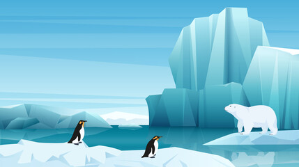 Arctic and Antarctic animals in cold landscape of North with ice and snow vector illustration. Cartoon polar bear and penguins floating on iceberg of glacier background. Winter, wildlife concept