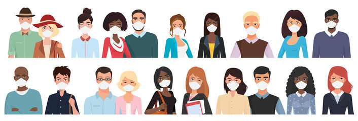 People protected from covid19 set vector illustration. Cartoon diversity group of characters standing, portrait of different multiracial adults wearing face masks isolated on white. Community concept