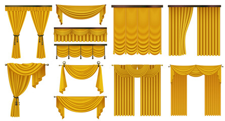 3d gold drapery open and closed curtains set vector illustration. Realistic luxury retro decoration from golden silk material with tassels for window, grand opera theater or movie stage background