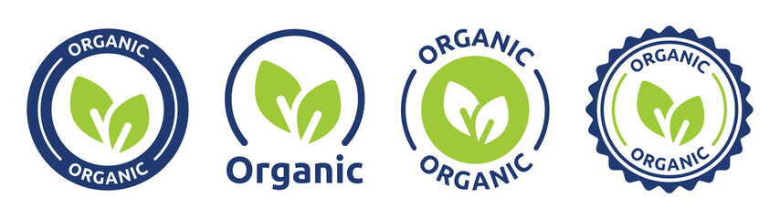 Organic label vector set with leaf icon symbol. Natural product sign illustration.