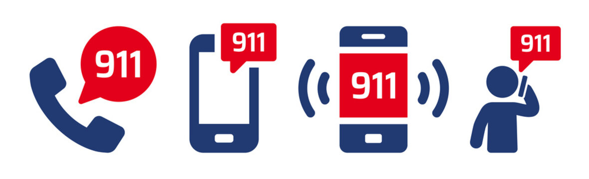 Call 911 phone number icon set to contact emergency services for assistance. Vector symbol illustration.