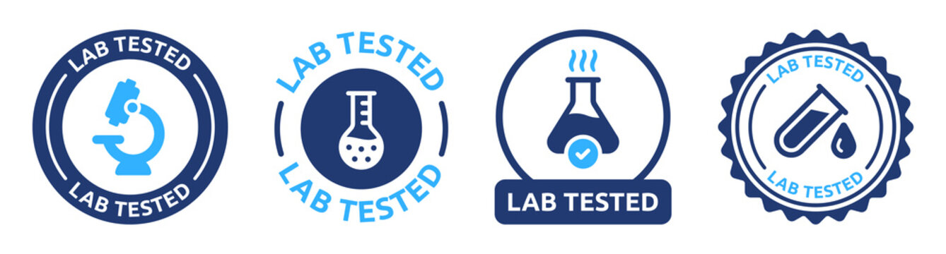 Lab tested vector icon set. Product quality control proven by laboratory research illustration.