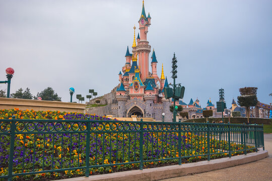 Detail of a building in the Disney park in Paris. Disneyland Paris, formerly Euro Disney Resort opened in the year 1992.