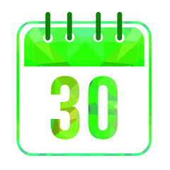 Calendar day 30. Number thirty on a white paper with modern green border. Isolated on white background. Vector illustration.