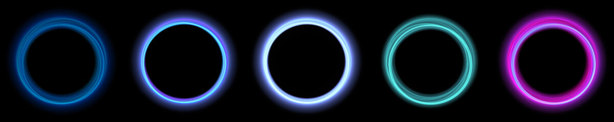 Set of electric neon blue circle ring frame backgrounds. Use photoshop layer mode lighten, screen, linear dodge (add) to remove the background