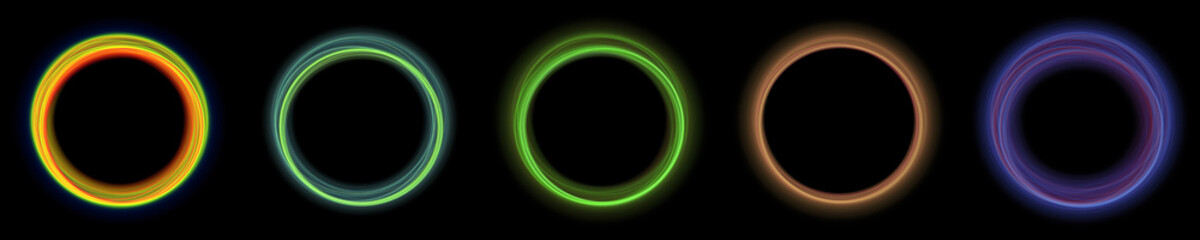 Set of purple green circle ring frame backgrounds. Use photoshop layer mode lighten, screen, linear dodge (add) to remove the background