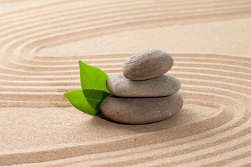 Fototapeta na wymiar stone and green leaves on sand with zen pattern. meditation harmony concept.