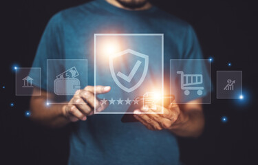 Youngman hand working with smart phone show visual screen innovation insurance online for car, travel, family and life, financial and health insurance. Insurance concept.