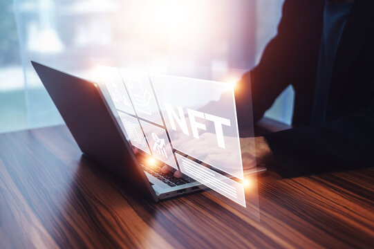 Businessman buying NFT with token on marketplace platform for metaverse video game - Crypto technology trends