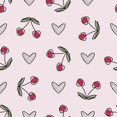 Cute pattern with sweet burgundy cherries and black hearts on pink background for the design of textiles, bed linen, child clothing, wrapping paper.