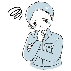 考え事をしている作業服を着た男性のイラスト
