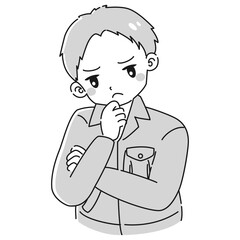 考え事をしている作業服を着た男性のイラスト
