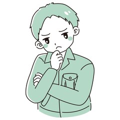 考え事をしている作業服を着た男性のイラスト