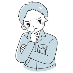 考え事をしている作業服を着た男性のイラスト