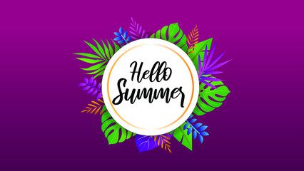 Summer sale banner with flowers and leaves on a magenta background