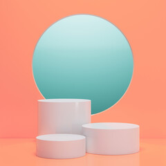 3d background, white cylinder on red and green pastel wall for product or cosmetic showcase.
