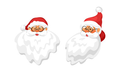 Portrait of Santa Claus front and profile. Santa s head with beard, glasses and hat. Cute christmas isolated character, flat cartoon vector illustration for banner, card, flyer design.