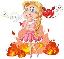 Cartoon character with devil and angel fighting in thought