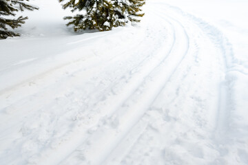 Ski trail in fluffy snow on winter day. Playing sports in nature. Parallel footprints from sled after snowfall.
