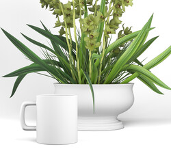 White mug on the background of a flower in a pot.