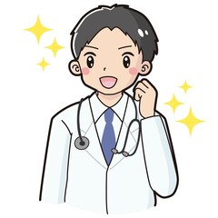 ガッツポーズをする白衣を着た男性のイラスト（聴診器付き）