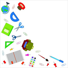school background with a set of school supplies, vector illustration. Back to school