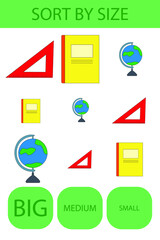 Sort  school supplies  into lbig, arge and small. An example of the opposite word antonym for a child