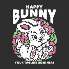 t shirt design happy bunny with rabbit and gray background vintage illustration