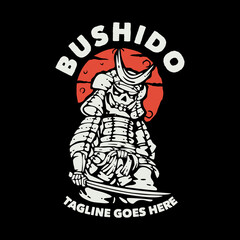 t shirt design bushido with samurai holding katana with black background vintage illustration
