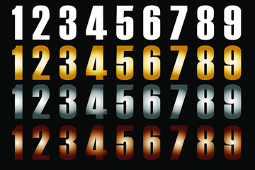Set of numbers 1,2,3,4,5,6,7,8 and 9 in white, gold, silver metal and bronze. Numbers vector on black background.