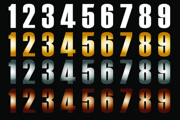 Set of numbers 1,2,3,4,5,6,7,8 and 9 in white, gold, silver metal and bronze. Numbers vector on black background.