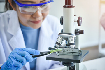 Asia woman scientist looking through a microscope in a laboratory. asian female scientist lab assistant in blue gloves with medical gown doing some research. medicine science concept.