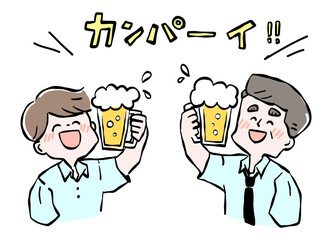 職場の上司と飲み会をしているイメージイラスト　男性