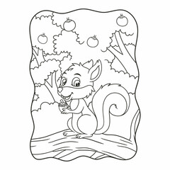 cartoon illustration the squirrel is getting ready to eat the pine tree seeds on the big, lush tree with fruit on it
