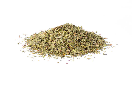 Pile of dried herbs isolated on white background.