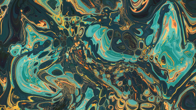 Beautiful Green and Orange Liquid Swirls with Gold Glitter. Luxurious Art Background.