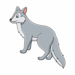 cartoon illustration the wolf is standing coolly on a fallen tree trunk by the river looking in the opposite direction