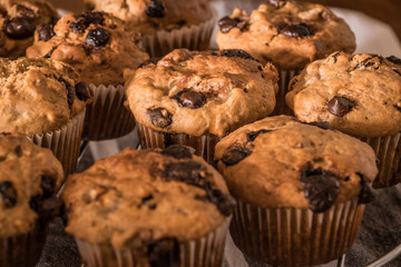 Chocolate banana muffin with nuts, homemade cupcakes