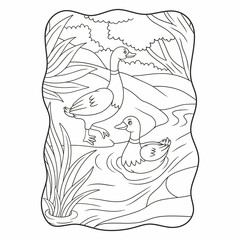 cartoon illustration the duck is walking by the river and swimming in the river book or page for kids black and white