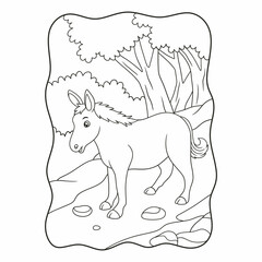 cartoon illustration a horse that is walking looking for food in the middle of the forest book or page for kids black and white