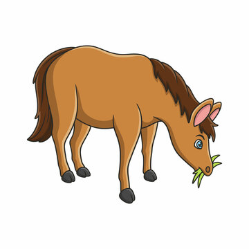 cartoon illustration a horse eating grass by the river under a big tree