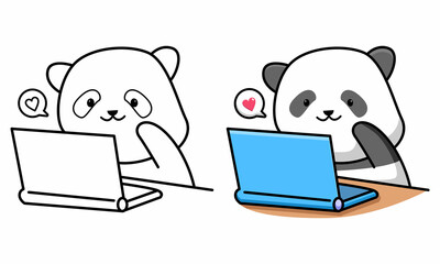 Cute panda with laptop coloring page for kids © barnawi