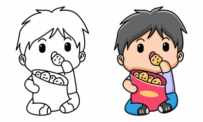 Cute boy eating snack coloring page for kids