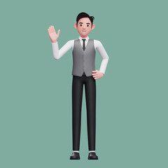 man waving hand saying Hello wearing a gray office vest on green background, 3d character illustration