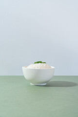 A studio shot of a bowl of rice on a plain background.