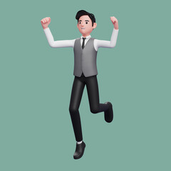 smart boy jumping in the air wearing office vest, 3d render character illustration