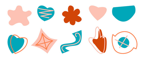 Hand drawn line contour flower and abstract shapes, plant and heart objects in pink and blue colors set. Minimalist geometric forms. Design for banners, brochures and covers. Vector illustration