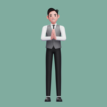 handsome man doing namaste pose wearing a gray office vest, 3d render character illustration
