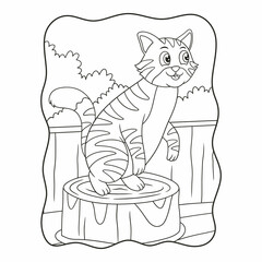 cartoon illustration a cat standing on a piece of log that is behind a wooden fence on a farm book or page for kids black and white
